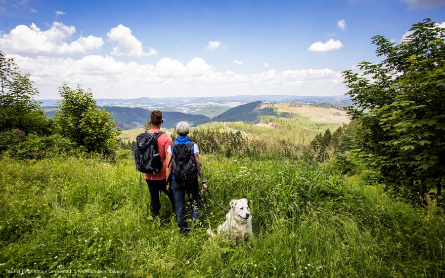 Aussicht von der Hohen Bracht - Wanderer mit Hund