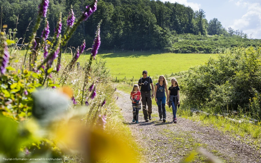 Familie wandert auf Wanderweg zwischen bunt blühenden Blumen und Wiesen.